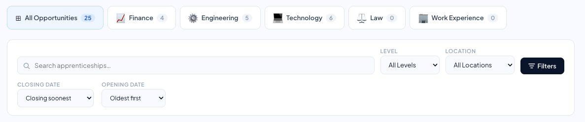 Advanced search and filters including keyword search, level, location, and date sorting.